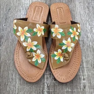 Mystique Hand Painted Flowers Leather Thong Sandals