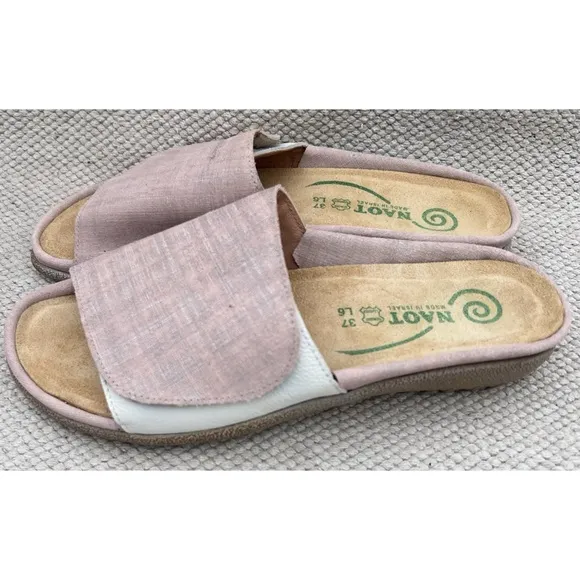 Naot Ipo Pink Linen and Leather Slip On Slides Sandals 37/6-6.5