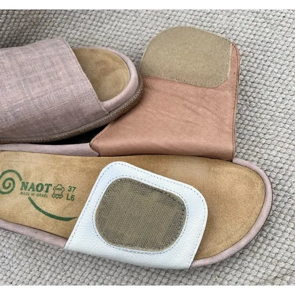 Naot Ipo Pink Linen and Leather Slip On Slides Sandals 37/6-6.5