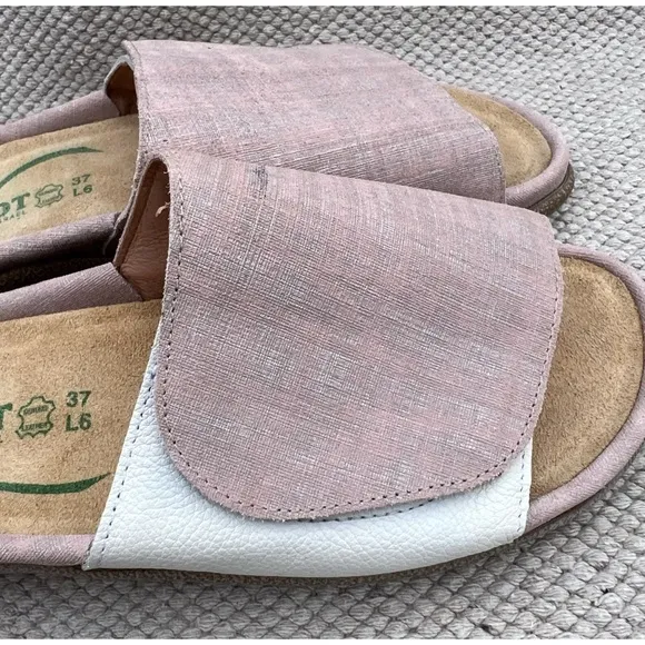 Naot Ipo Pink Linen and Leather Slip On Slides Sandals 37/6-6.5
