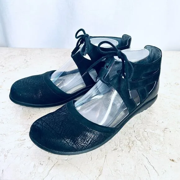 NAOT Kata Shoes Euro 40 Black Crackle Velvet Nubuck Leather Flats Cage Lace Up