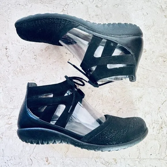 NAOT Kata Shoes Euro 40 Black Crackle Velvet Nubuck Leather Flats Cage Lace Up