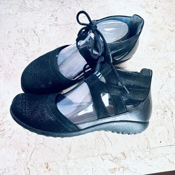 NAOT Kata Shoes Euro 40 Black Crackle Velvet Nubuck Leather Flats Cage Lace Up