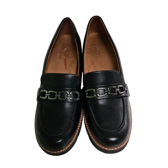 Naturalizer Cabana Lug Sole Loafers Navy Faux Leather Silver Buckles Size 9.5