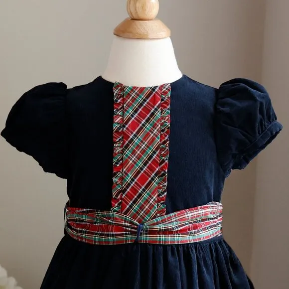 Navy Dress Plaid Sash Trim Bailey Boys Boutique 100% Cotton Corduroy 4T Like New