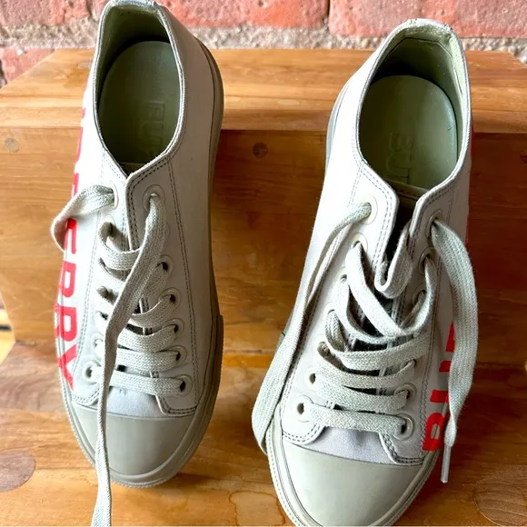 Nearly New BURBERRY sneakers. Sz 36/5.5. tan and red logo. Perfect travel shoes.