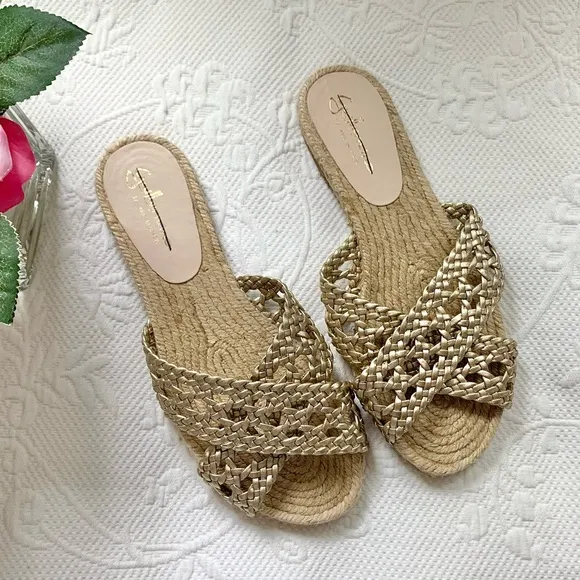 NEW Anthropologie Guilhermina Gold Woven Espadrille Sandal 37