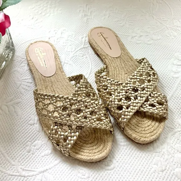 NEW Anthropologie Guilhermina Gold Woven Espadrille Sandal 37