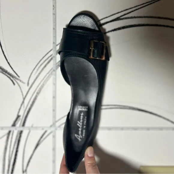 NEW Avellini Black Leather Open-Toe Flats with Buckle, Women’s Size 8