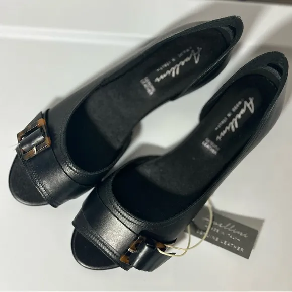 NEW Avellini Black Leather Open-Toe Flats with Buckle, Women’s Size 8