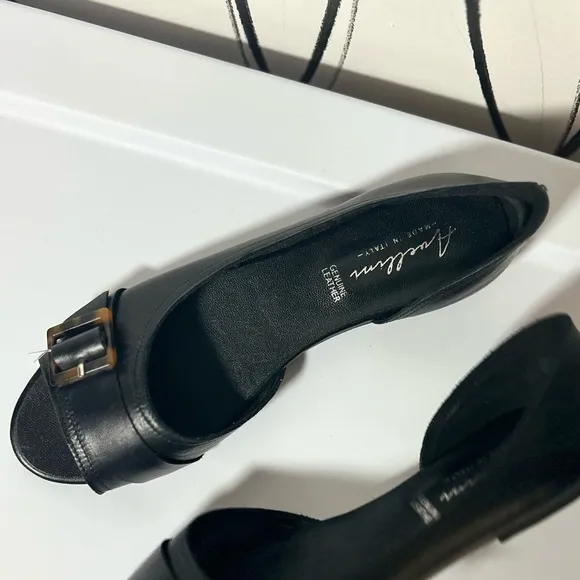 NEW Avellini Black Leather Open-Toe Flats with Buckle, Women’s Size 8