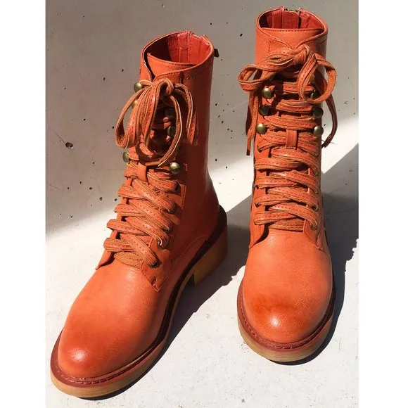 NEW Cognac Red Clay Laced Up Zipper Back Wooden Heel Mid Calf Ankle Combat Boots
