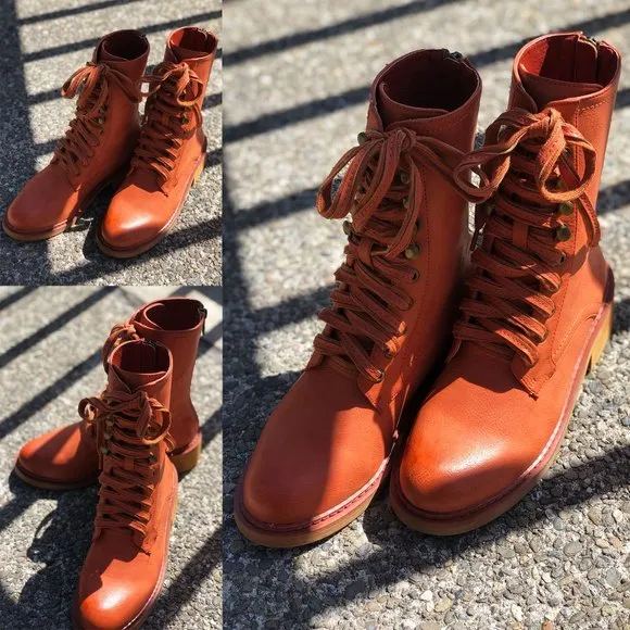 NEW Cognac Red Clay Laced Up Zipper Back Wooden Heel Mid Calf Ankle Combat Boots