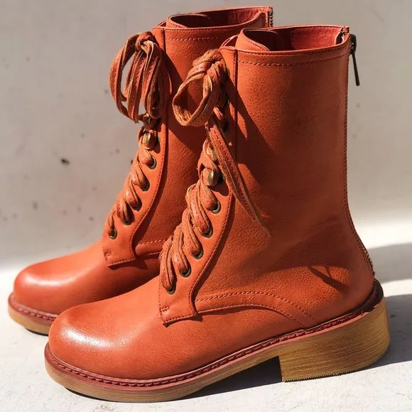 NEW Cognac Red Clay Laced Up Zipper Back Wooden Heel Mid Calf Ankle Combat Boots