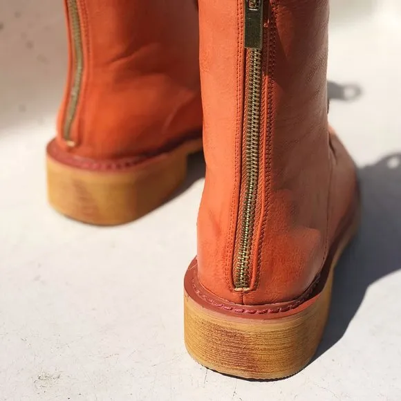 NEW Cognac Red Clay Laced Up Zipper Back Wooden Heel Mid Calf Ankle Combat Boots