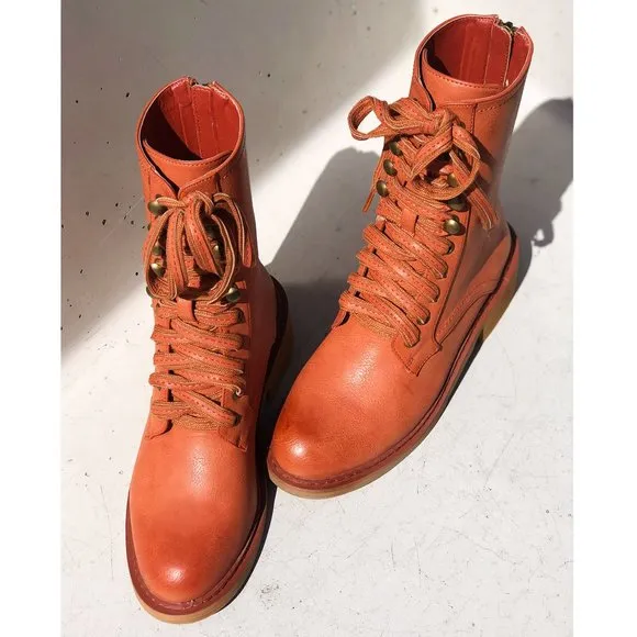 NEW Cognac Red Clay Laced Up Zipper Back Wooden Heel Mid Calf Ankle Combat Boots