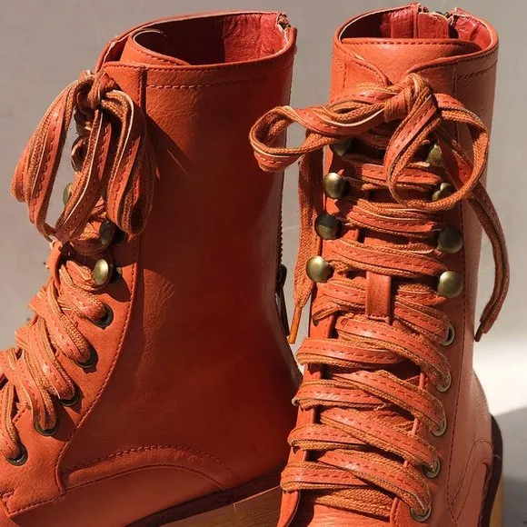 NEW Cognac Red Clay Laced Up Zipper Back Wooden Heel Mid Calf Ankle Combat Boots
