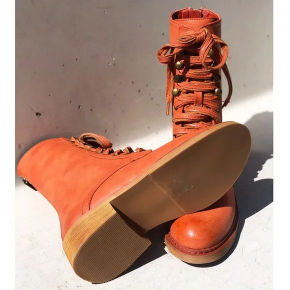NEW Cognac Red Clay Laced Up Zipper Back Wooden Heel Mid Calf Ankle Combat Boots