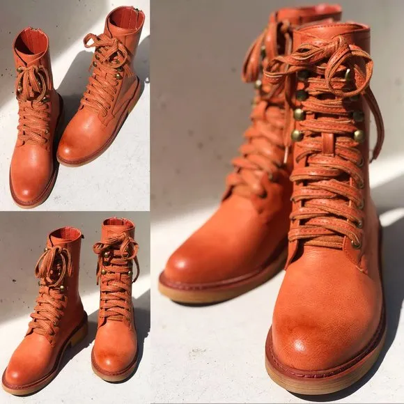 NEW Cognac Red Clay Laced Up Zipper Back Wooden Heel Mid Calf Ankle Combat Boots