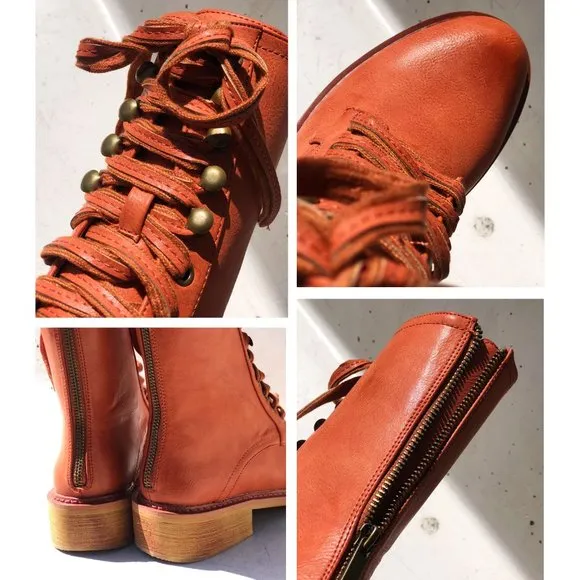 NEW Cognac Red Clay Laced Up Zipper Back Wooden Heel Mid Calf Ankle Combat Boots