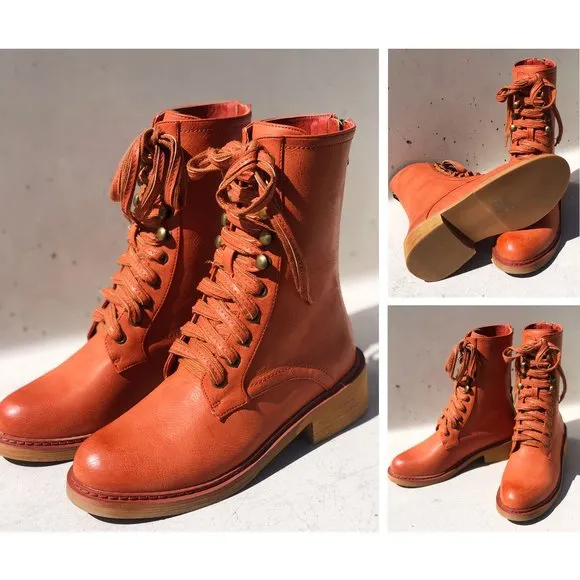 NEW Cognac Red Clay Laced Up Zipper Back Wooden Heel Mid Calf Ankle Combat Boots