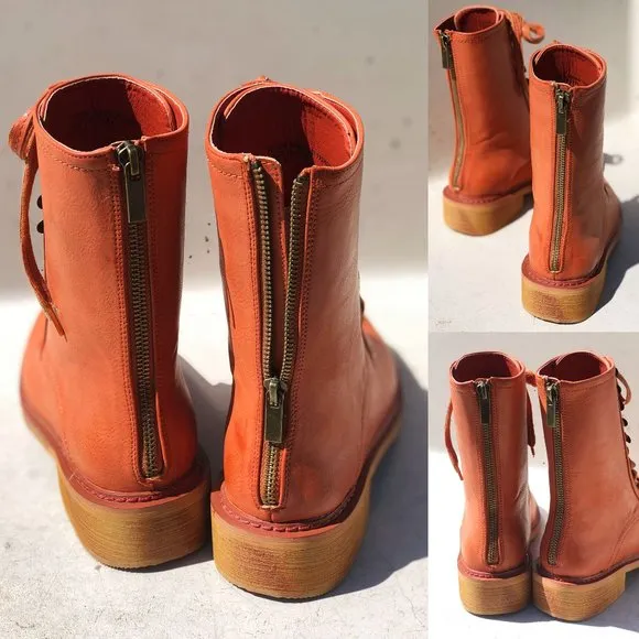 NEW Cognac Red Clay Laced Up Zipper Back Wooden Heel Mid Calf Ankle Combat Boots