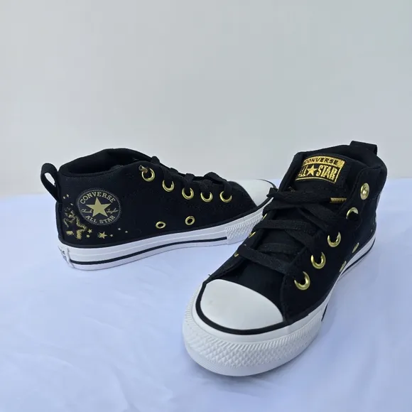 New Converse Chuck Taylor All Star Street Sneaker Kids Black Gold Metallic Sz 12