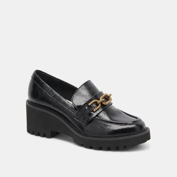 NEW DOLCE VITA Leather Harlen Platform Chain Detail Loafers black 462mn