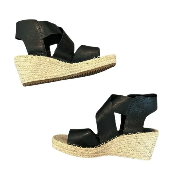 NEW Eileen Fisher Black Willow Wedge Platform Espadrille Sandals Size 6.5