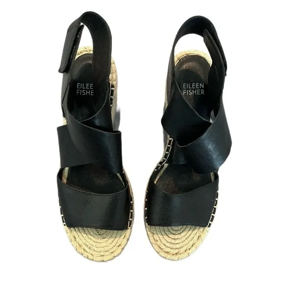 NEW Eileen Fisher Black Willow Wedge Platform Espadrille Sandals Size 6.5