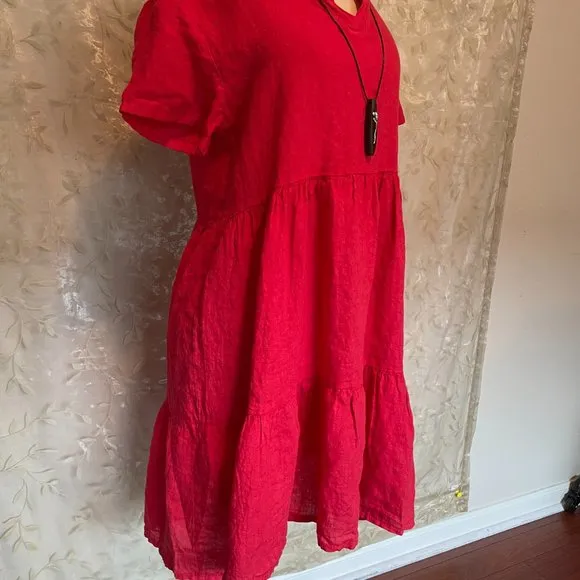 New Francesca Bettini 100% Linen Dress Women's Size L Red Tiered Design Feminine