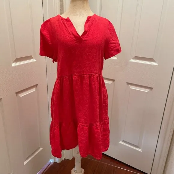 New Francesca Bettini 100% Linen Dress Women's Size L Red Tiered Design Feminine