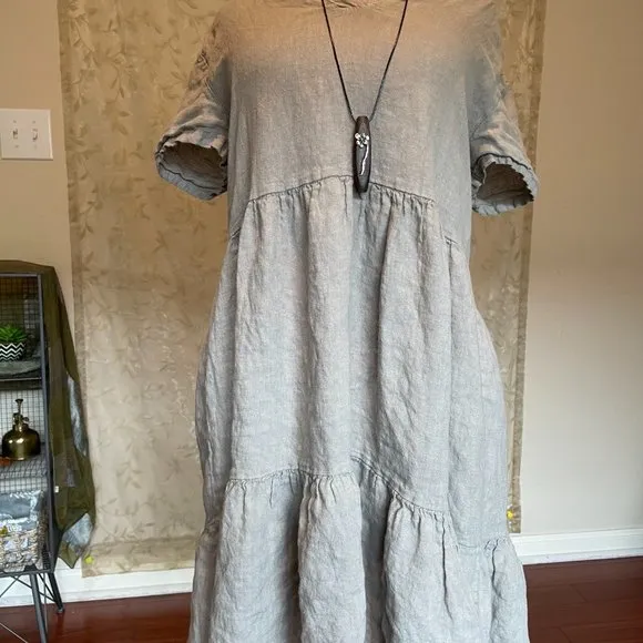 New Francesca Bettini 100% Linen Midi Dress Size 2X Gray Boho Babydoll Dress