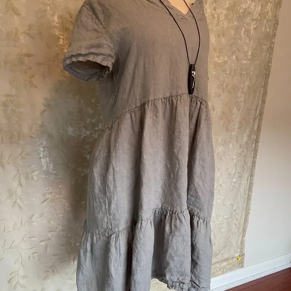 New Francesca Bettini 100% Linen Midi Dress Size 2X Gray Boho Babydoll Dress
