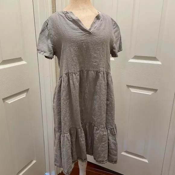 New Francesca Bettini 100% Linen Midi Dress Size 2X Gray Boho Babydoll Dress