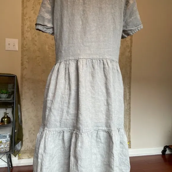 New Francesca Bettini 100% Linen Midi Dress Size 2X Gray Boho Babydoll Dress