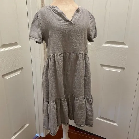 New Francesca Bettini 100% Linen Midi Dress Size 2X Gray Boho Babydoll Dress