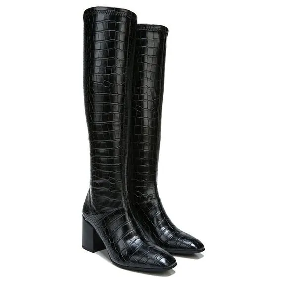 New Franco Sarto Tribute‎ Leather Knee High Wide Calf Boots Black Crocodile 7M