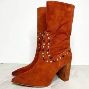 New! Free People Dakota Red Suede Studded Heeled Boot 11