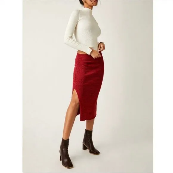 NEW Free People Golden Hour Midi Soft Knit Sweater Red Side Slit Skirt Medium