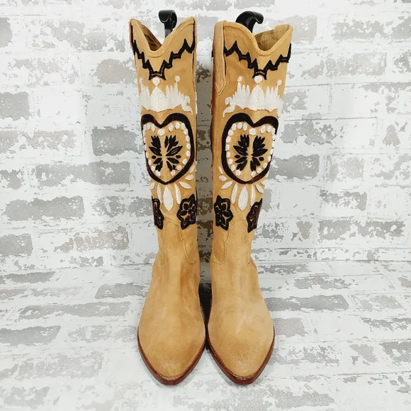 NEW Free People Roundhouse Stitch Knee High Embroidered Western Boots W518