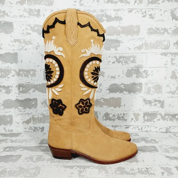 NEW Free People Roundhouse Stitch Knee High Embroidered Western Boots W518