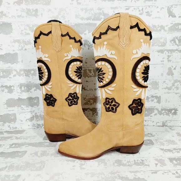 NEW Free People Roundhouse Stitch Knee High Embroidered Western Boots W518