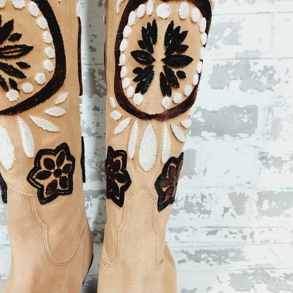 NEW Free People Roundhouse Stitch Knee High Embroidered Western Boots W518