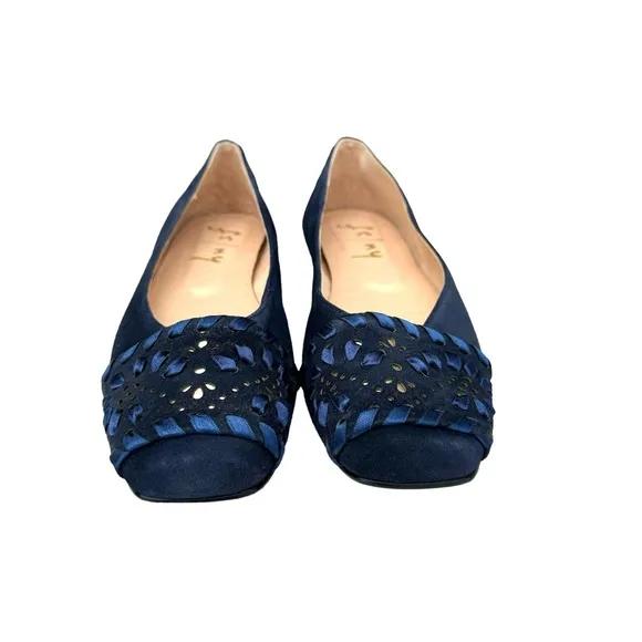 NEW French Sole Fs/ny Deuce Flats Navy Blue Suede Embellished Squared Toe Shoe