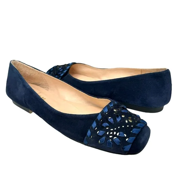 NEW French Sole Fs/ny Deuce Flats Navy Blue Suede Embellished Squared Toe Shoe