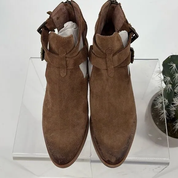 New Garnett Hill Mia Buckle Booties Stacked Heel Zip Almond Toe Brown 9.5