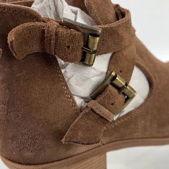 New Garnett Hill Mia Buckle Booties Stacked Heel Zip Almond Toe Brown 9.5