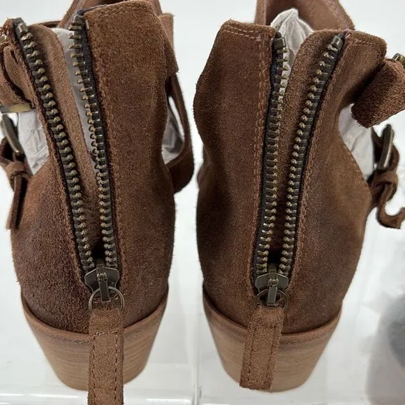 New Garnett Hill Mia Buckle Booties Stacked Heel Zip Almond Toe Brown 9.5