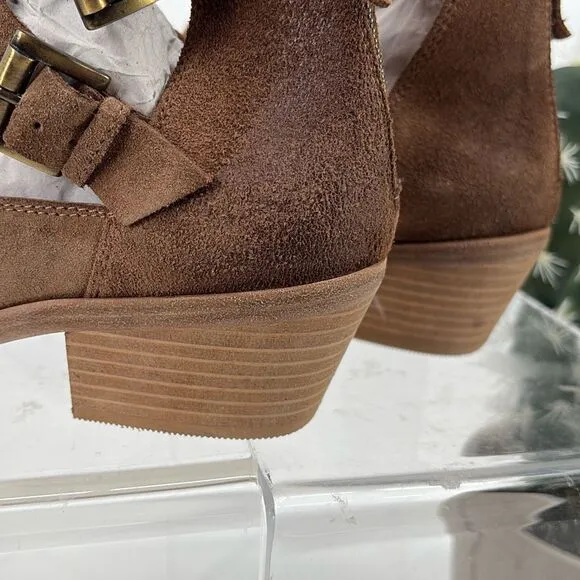 New Garnett Hill Mia Buckle Booties Stacked Heel Zip Almond Toe Brown 9.5